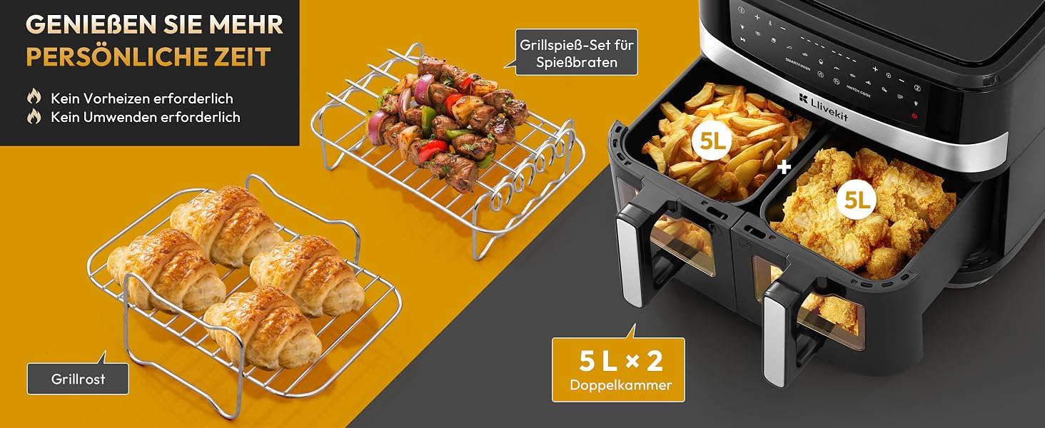 Аерофритюрниця LLIVEKIT з двома камерами 2x4,5л (10л), 8 програм, 4D конвекція, енергоощадна, чорна