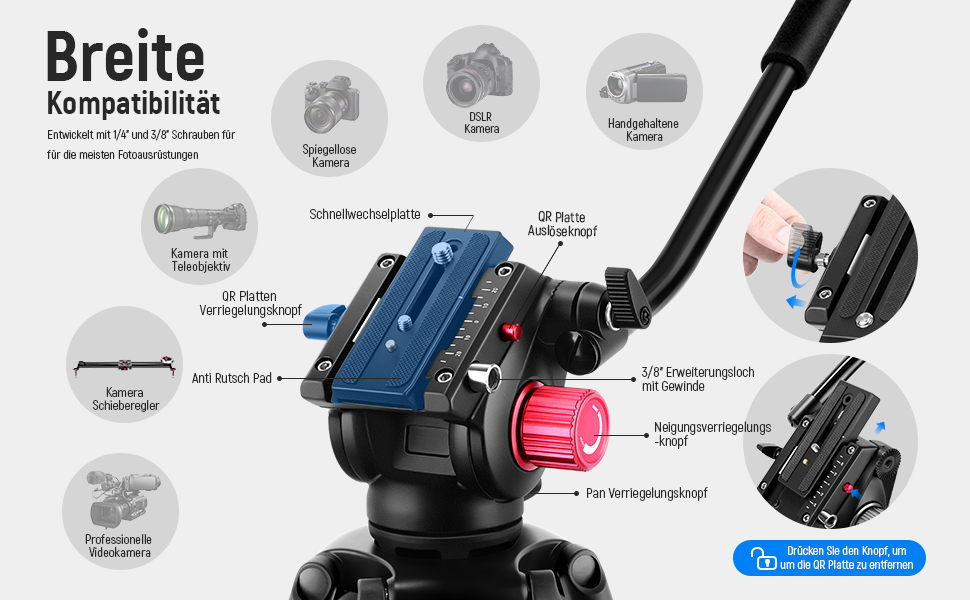 Штатив для камери NEEWER 79' з кульковою головкою 360°, міцний штатив з алюмінію для відео та фото, сумісний з Canon, Nikon, Sony та іншими DSLR камерами та відеокамерами, максимальне навантаження 8 кг, з QR-пластиною та серветкою для чищення