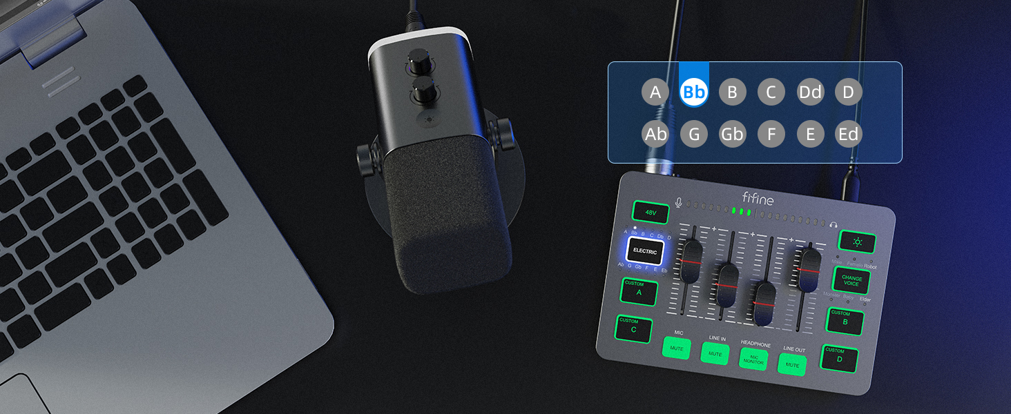 FIFINE ігровий аудіомікшер для ПК, RGB звукова карта для XLR мікрофона, аудіоінтерфейс для стрімінгу та музикантів, мікшерний пульт для геймерів і креаторів, індивідуальне керування, зміна голосу, чорний