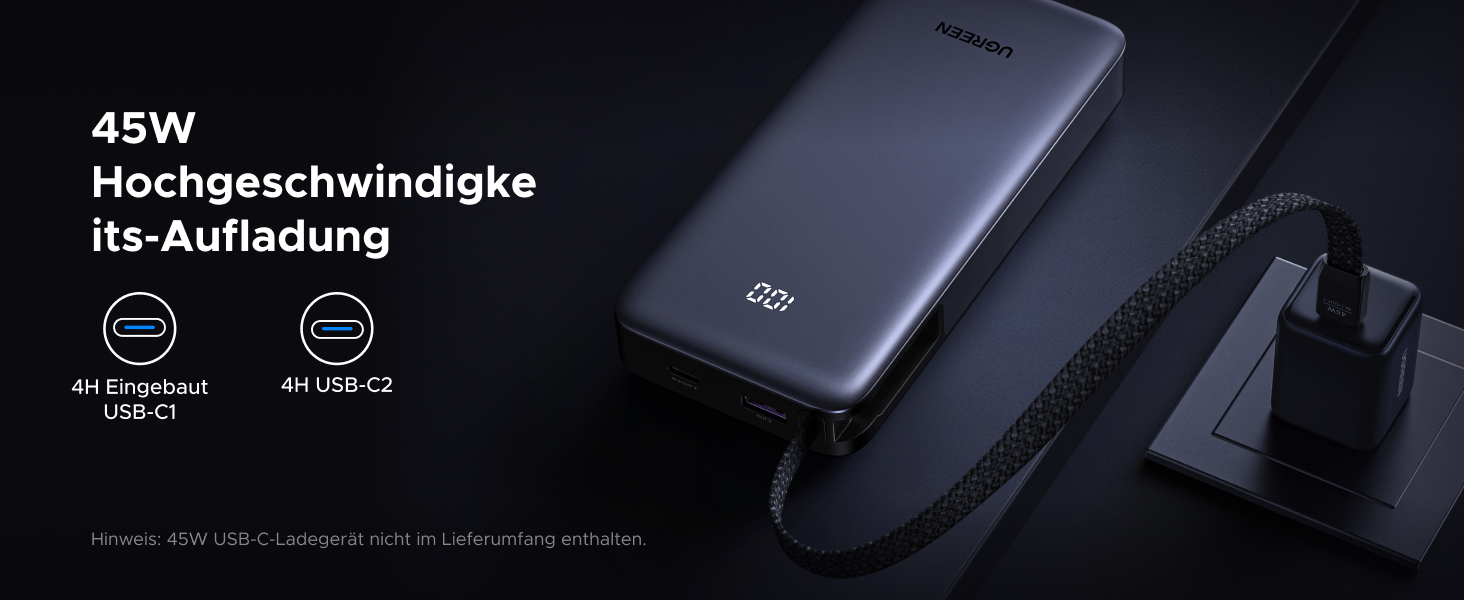 Power Bank UGREEN 20000mAh 45W з USB-C кабелем та швидкою зарядкою PD, сумісний з iPhone, iPad, Samsung Galaxy, ноутбуками