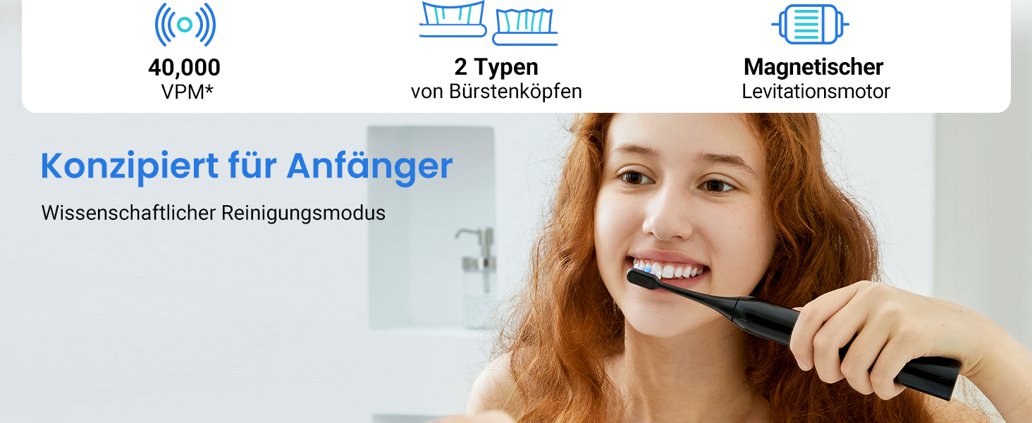 Електрична звукова зубна щітка Etekcity з 5 режимами, 6 насадок, таймер 2 хв, для дорослих та дітей, чорна преміум-модель