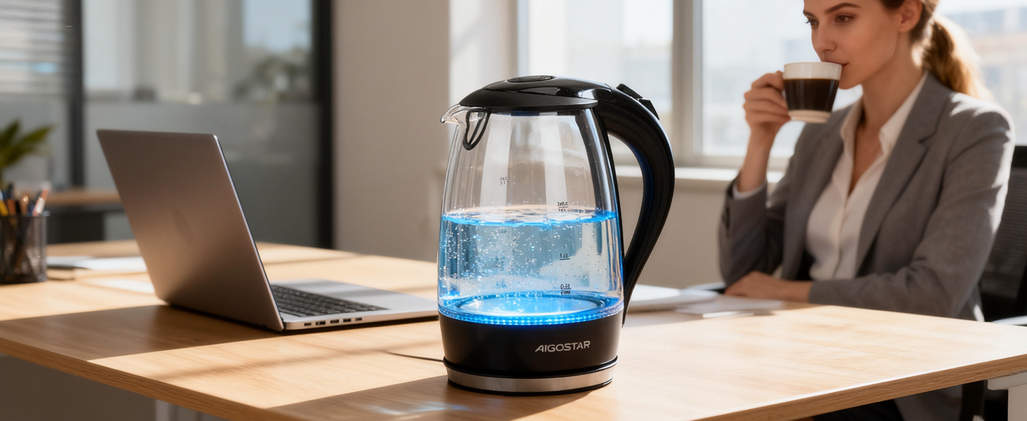 Електричний чайник Aigostar Adam, 1.7 л, 2200 Вт, LED, скло, без BPA, з фільтром від накипу, чорний