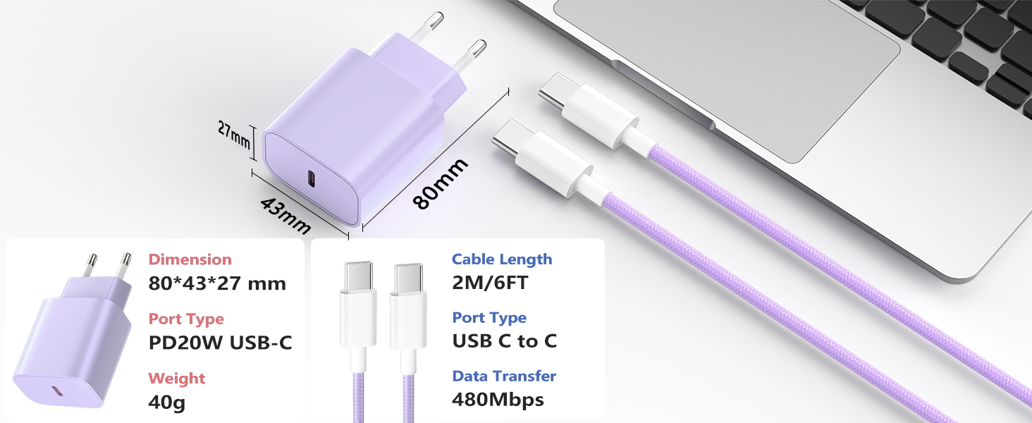 Зарядний пристрій USB-C 20W з кабелем Type-C 2м для iPhone 16/15/Pro/Air - комплект 2 шт. (Ліловий + Синій)