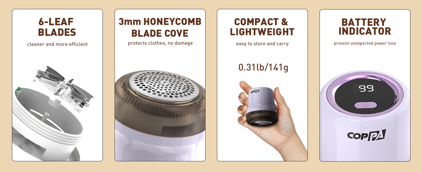 Електричний видалення ворсу для одягу та меблів COPPA, 6 лез, 3 швидкості, перезаряджається, з індикатором заряду, фіолетовий