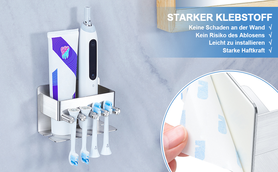 Тримач для зубних щіток GGQ настінний, для електричної зубної щітки, без свердління, самоклеючий, з підставкою для зубної пасти (срібний)