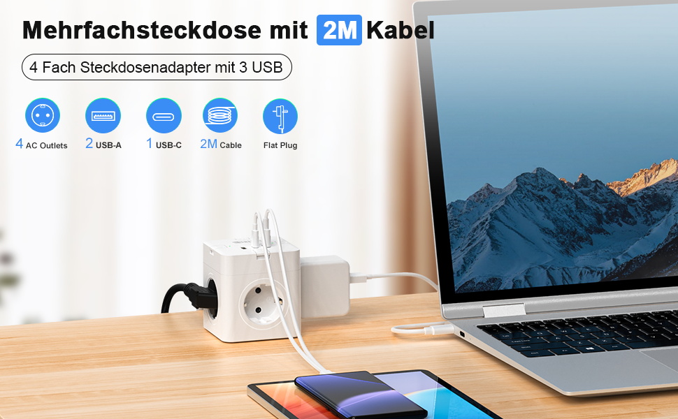 Блок розеток з USB-C, 4 розетки, плоский штекер, індивідуальне вмикання, сплетене кабель 2м для офісу, дому, подорожей - білий