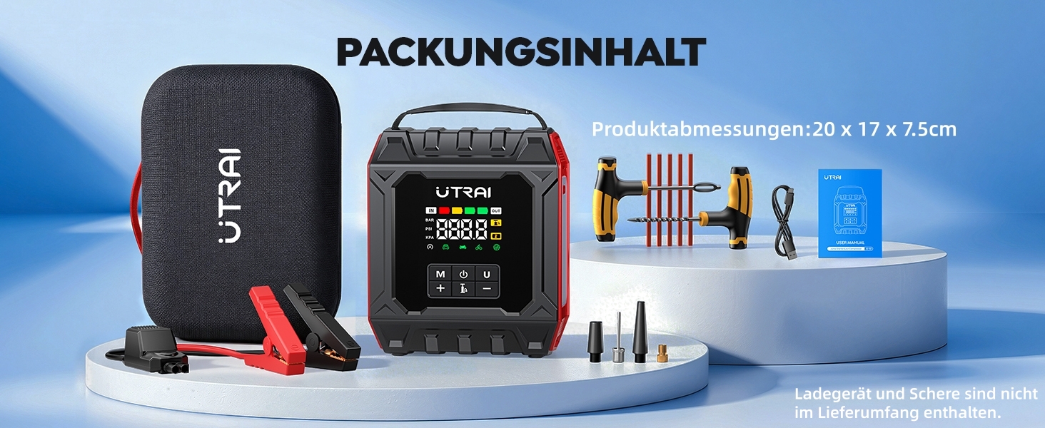 Пусковий пристрій UTRAI 7000A з компресором 160 PSI та Powerbank для авто (бензин, дизель до 12л), магнітний ліхтар 1000 Лм, 18 Вт, червоний