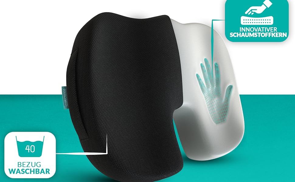 Ортопедична подушка для сидіння Goldschmieds® - для офісного крісла, авто та ін. - Знімає навантаження зі сідничної кістки, знеболює та покращує кровообіг. Made in Germany. Підходить для ваги 50-95 кг. Чорний пінополіуретан (Memory Foam)