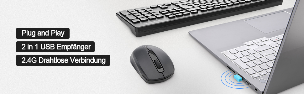 Набір клавіатури та миші Rii (2 шт.) бездротовий, для PC/Laptop/Windows/Smart TV, німецька розкладка, чорний