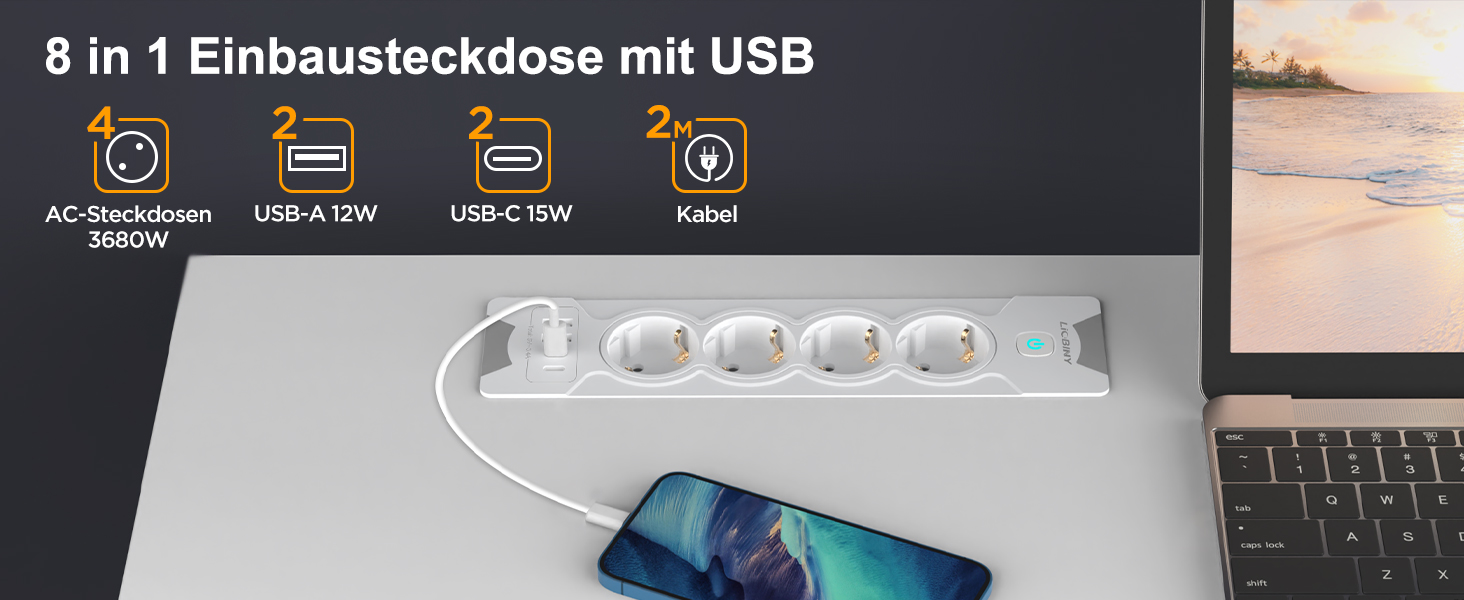 Вбудована розетка з 2 USB-C та 4 розетками, 3680W, 16A, білий кабель 2м. Розподільник розеток для конференц-столу, дивану