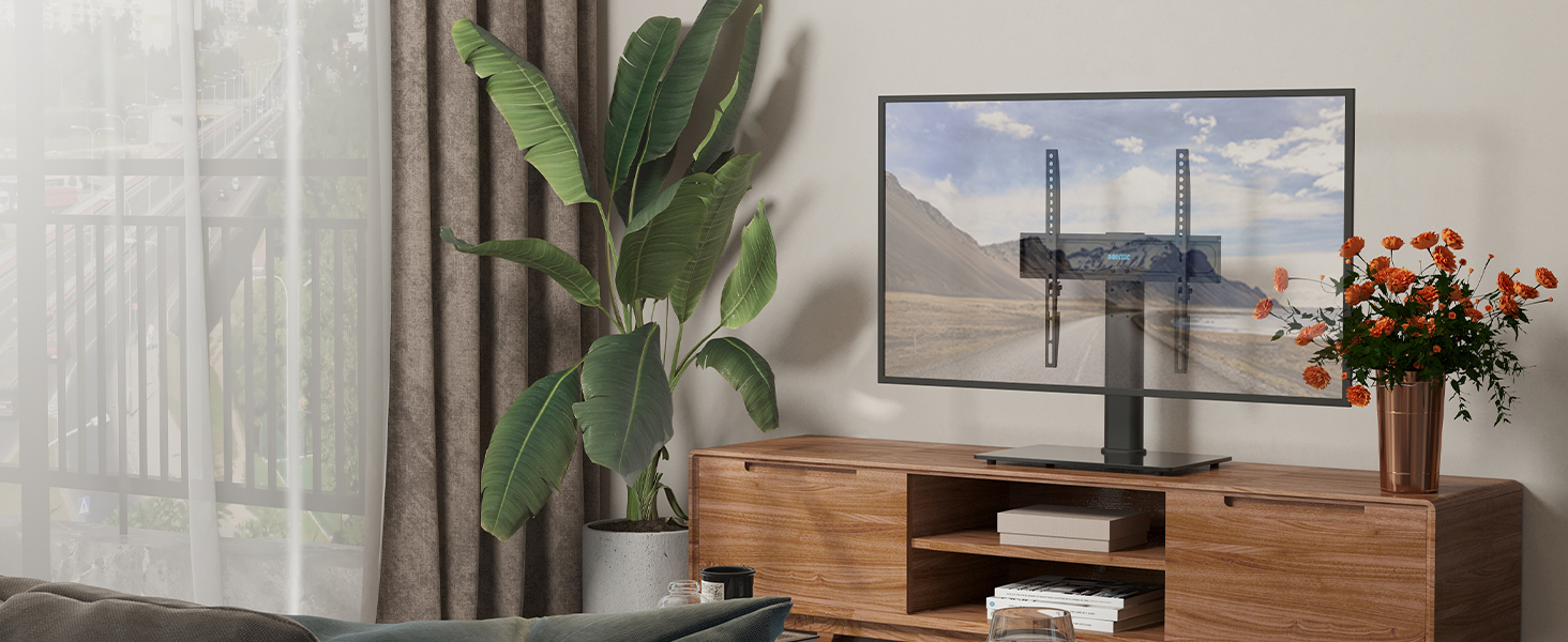 Підставка для телевізора Bontec, регульована по висоті, для LCD, LED, OLED (24-60 дюймів), VESA 400x400 мм, 45 кг, скло, кабелеуправління, чорний