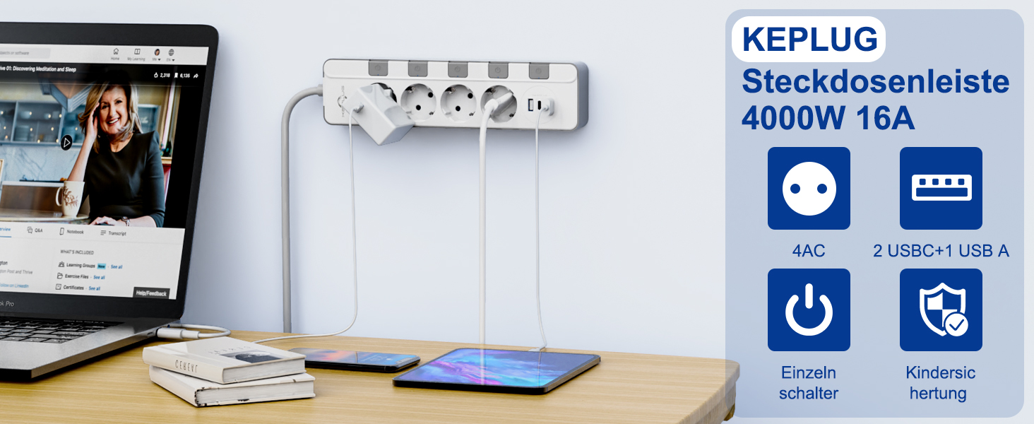 Мережевий фільтр KEPLUG з USB-портами (4000W, 16A) - розетка з 2 Type C, USB-A, дитячий захист, 2 м кабель