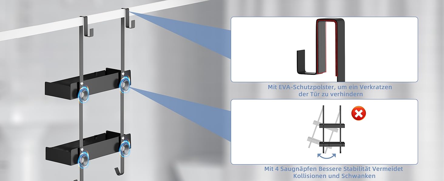 Підставка для душу настінна, полиця для душу з кріпленням для скляних душових кабін, тримач для шампуню в душ, корзина для душу без свердління, чорна з 8 гачками, нержавіюча сталь 65.5x30x11.2 см