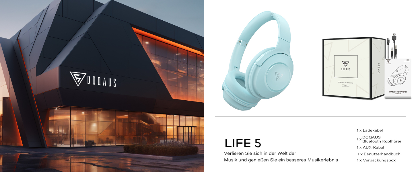 Бездротові навушники DOQAUS Bluetooth з тривалим часом роботи (70 годин), Over-Ear, Bluetooth 5.4, з кабелем, 3 режими EQ, HiFi стерео для подорожей/телефону/ПК (блакитні)