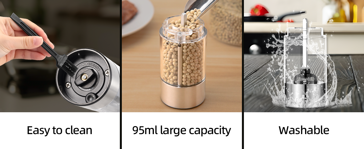 Електричний набір для солі та перцю з зарядною станцією, об'єм 110 мл, перезаряджувана солянка з 5 рівнями, керамічна млинка з щіткою (2 шт.)