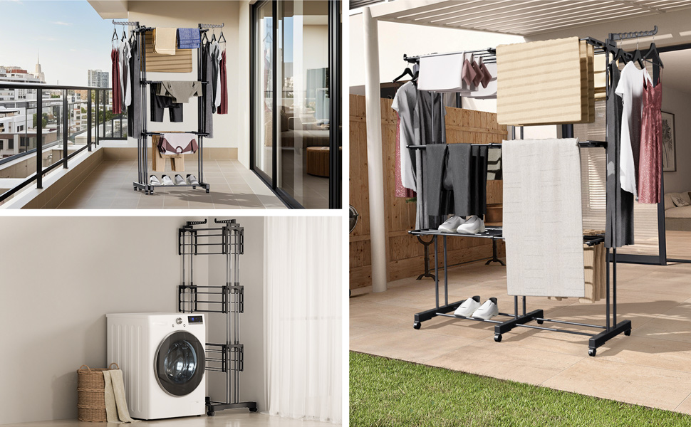 VOUNOT® Сушарка для білизни Турм Розкладна, для дому та вулиці, з розкладними крилами, телескопічною штангою, 6 колесами, 40м довжини сушіння, 3 яруси, білий (чорний) колір