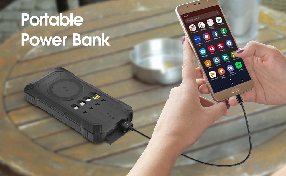 Портативний зарядний акумулятор Solar Powerbank 56800mAh з сонячною панеллю, PD 30W, USB-C, бездротова зарядка 15W, LED-індикатор, ліхтарик, 3 порти (2 USB та 1 Type-C), 4 кабелі, для активного відпочинку, чорний