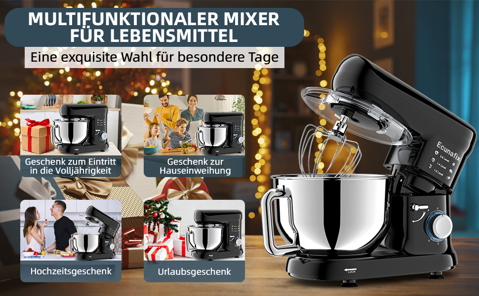 Кухонна машина-міксер з чашею 6.5л з нержавіючої сталі, 2000W, 6 швидкостей, для тіста та міксування, з набором насадок (вічорник, гак для тіста, вінчик) та захистом від бризок, чорна