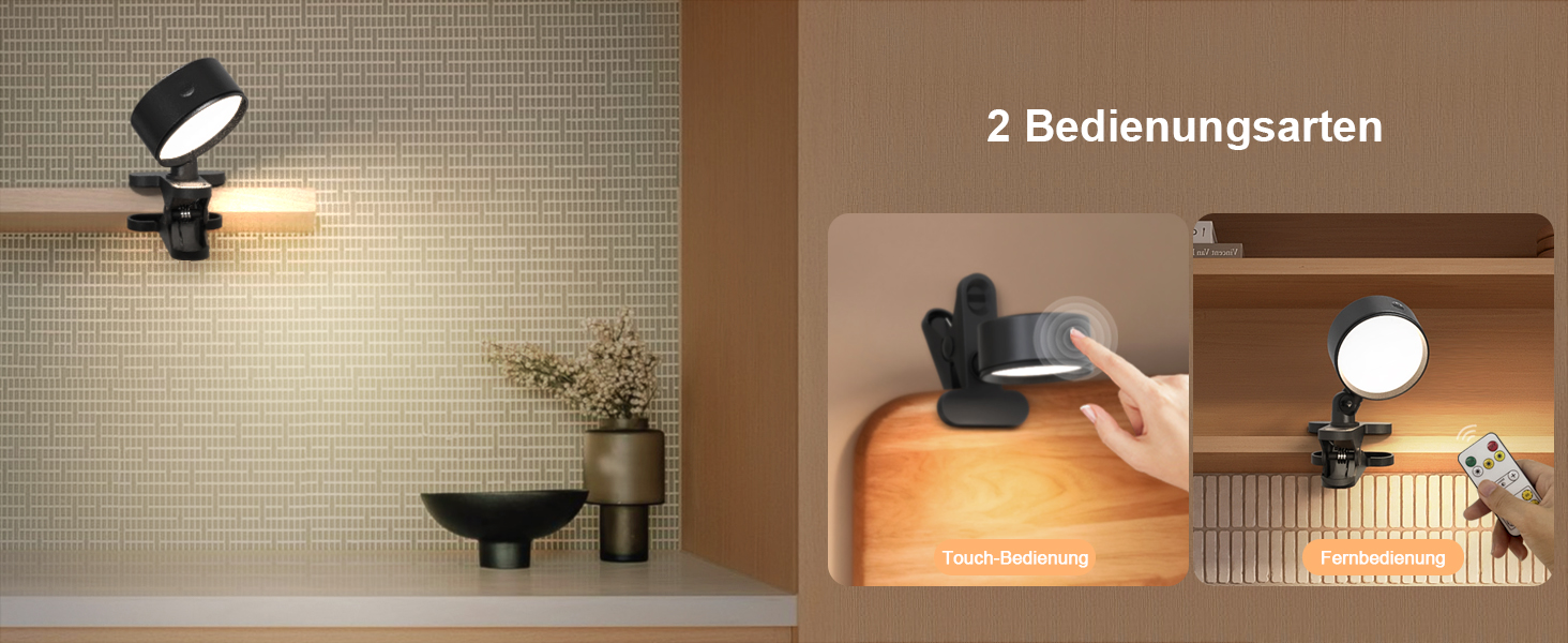 Нічник на ліжко акумуляторний бездротовий з USB-C, 5000mAh, з кліпсою, димуючий сенсорний пульт, 3 кольори, поворотний на 360°, для спальні, кемпінгу, чорний