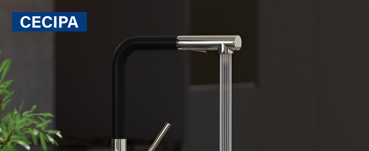 Змішувач для кухні CECIPA X203B чорного кольору з висувною насадкою, поворотний на 360°, з двома типами струменя, з нержавіючої сталі