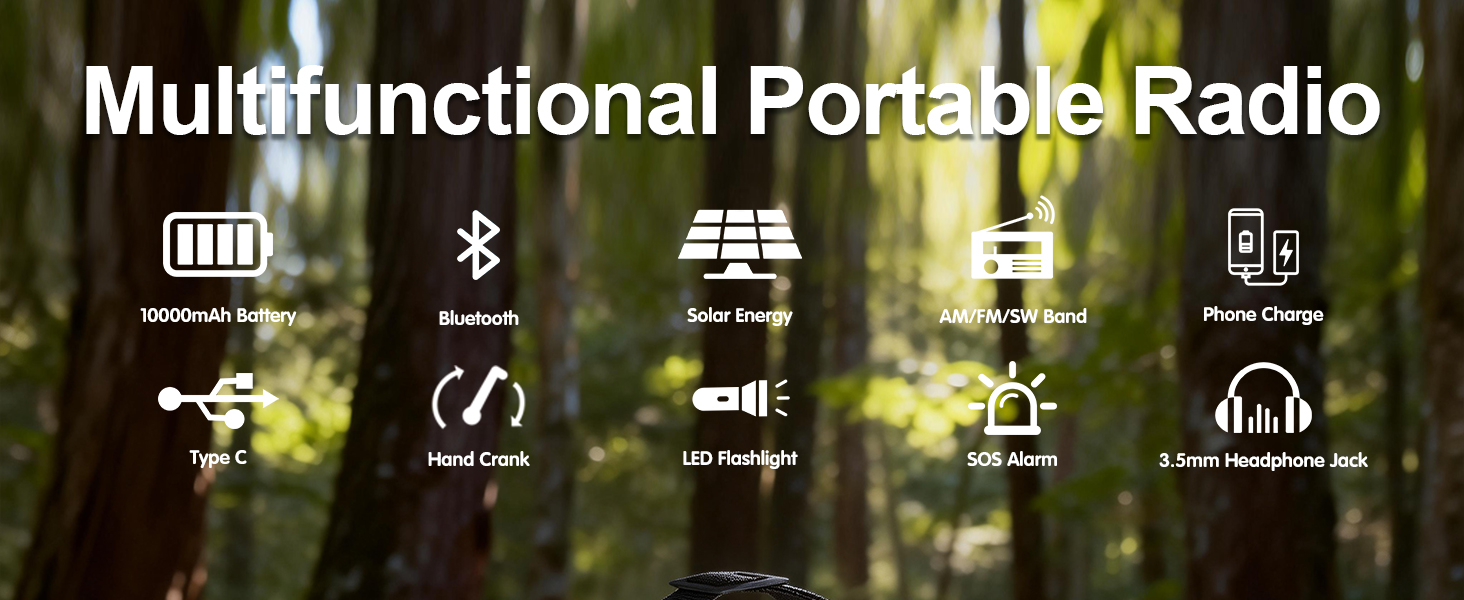 Сонячне радіо на ручку з Bluetooth, AM/FM/SW аварійне радіо з Powerbank 10000mAh, радіо на батарейках з SOS-сигналом, компас, LED-ліхтарик, лампа для читання, для відключення електроенергії, виживання, кемпінгу