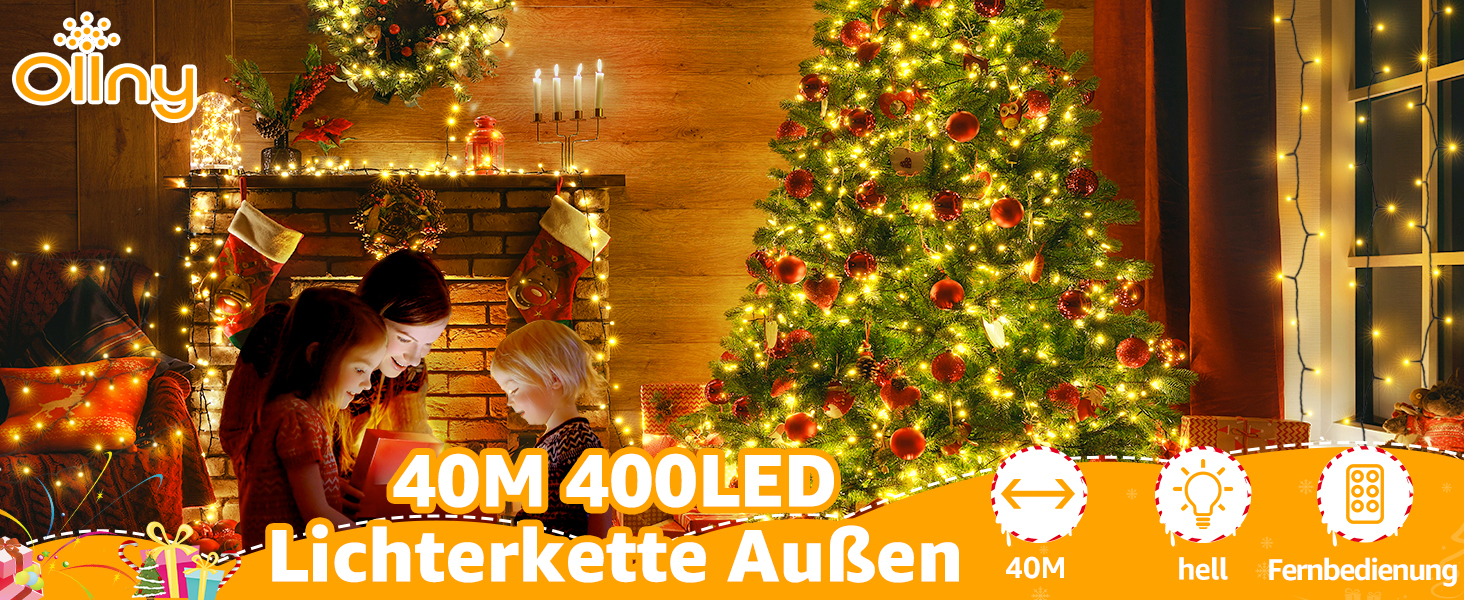 Ланцюжок прикрас Ollny 40м, 400 LED, тепле біле світло, для дому та саду, з пультом та таймером, 8 режимів, вологостійкий