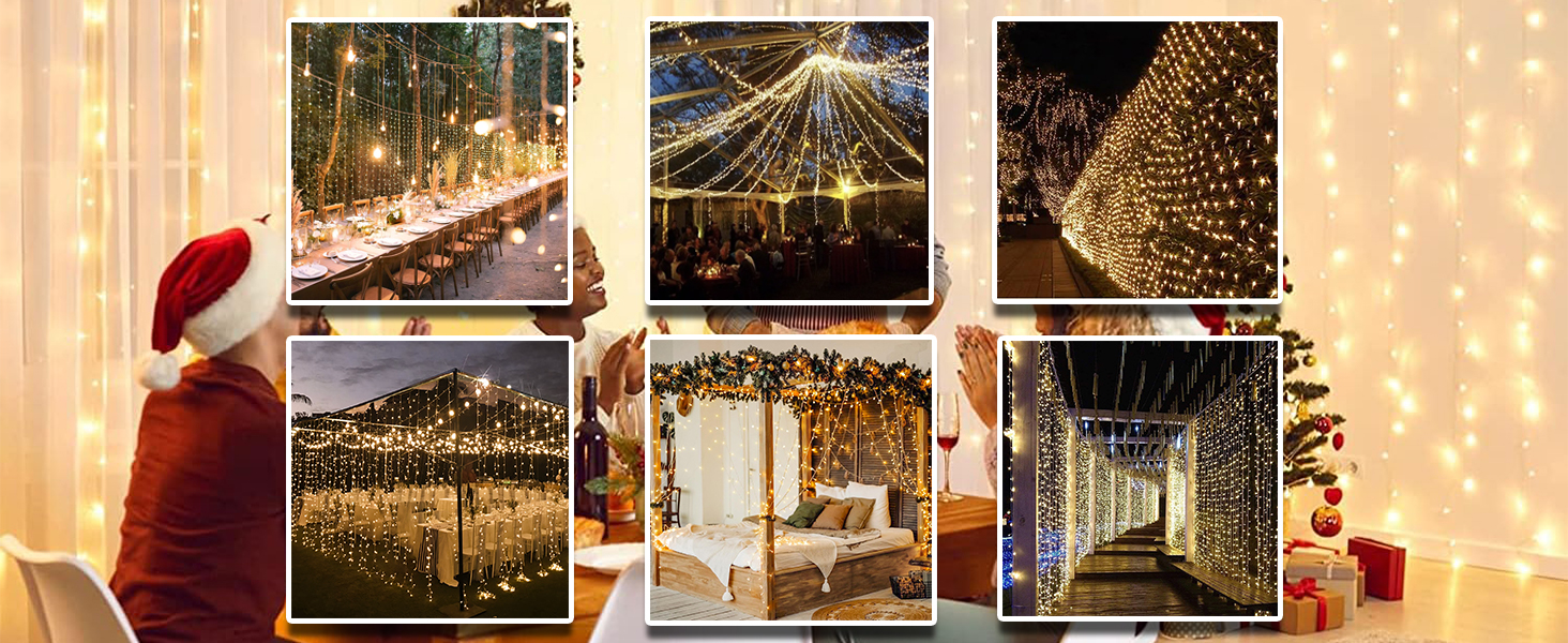 Ланцюжок прикрас з LED-підсвічуванням 300 LED, 3x3м, для декорування вікон, стін, святкування вечірок та весіль. 8 режимів, вологостійкий, холодний білий колір.