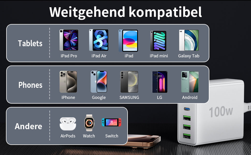 Мережевий зарядний пристрій HSSNS USB-C з 6 портами, 100W, для iPad, iPhone та смартфонів