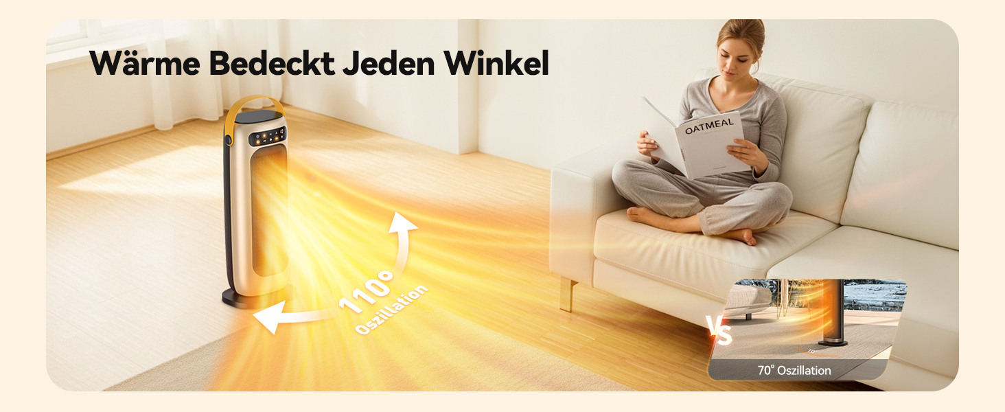 Електричний обігрівач PTC керамічний 1500W з пультом керування, 4 режими, осциляція 110°, таймер 1-10 год, захист від перегріву та перекидання. Компактний обігрівач для дому, золото.