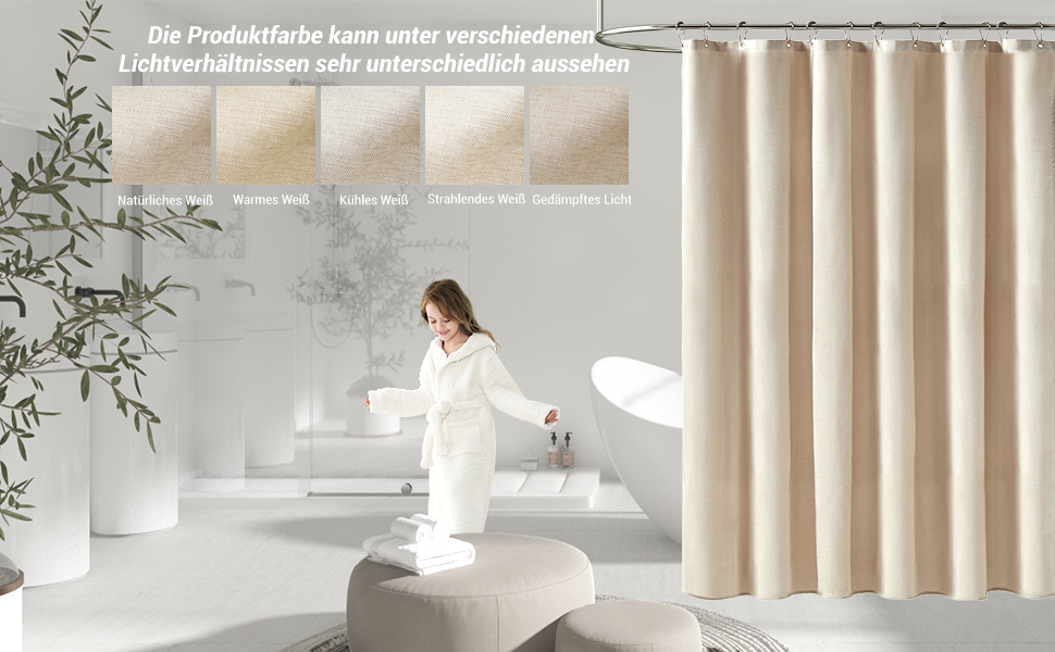 Тканинна шторка для душу BTTN, бежева, 180x200 см, текстура льону, антигрибкова, пральна, з 12 гачками, водонепроникна, з декоративним обтяженням, для ванни, кремового кольору, 1 шт.