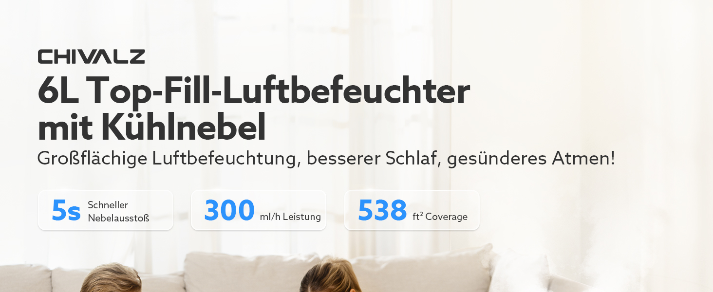 Зволожувач повітря CHIVALZ для великих приміщень, 6л з нічним світлом, поворотна 360° форсунка, 26дБ, 50год, аромадифузор для спальні, дитячої кімнати, рослин, дитини, білий, 1 шт + 2 виходи для пари
