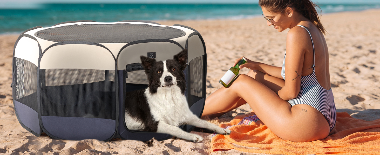 Клітка-вигул для цуценят та котів 4 Pet, складана, для дому та вулиці, з мискою, блакитно-біла