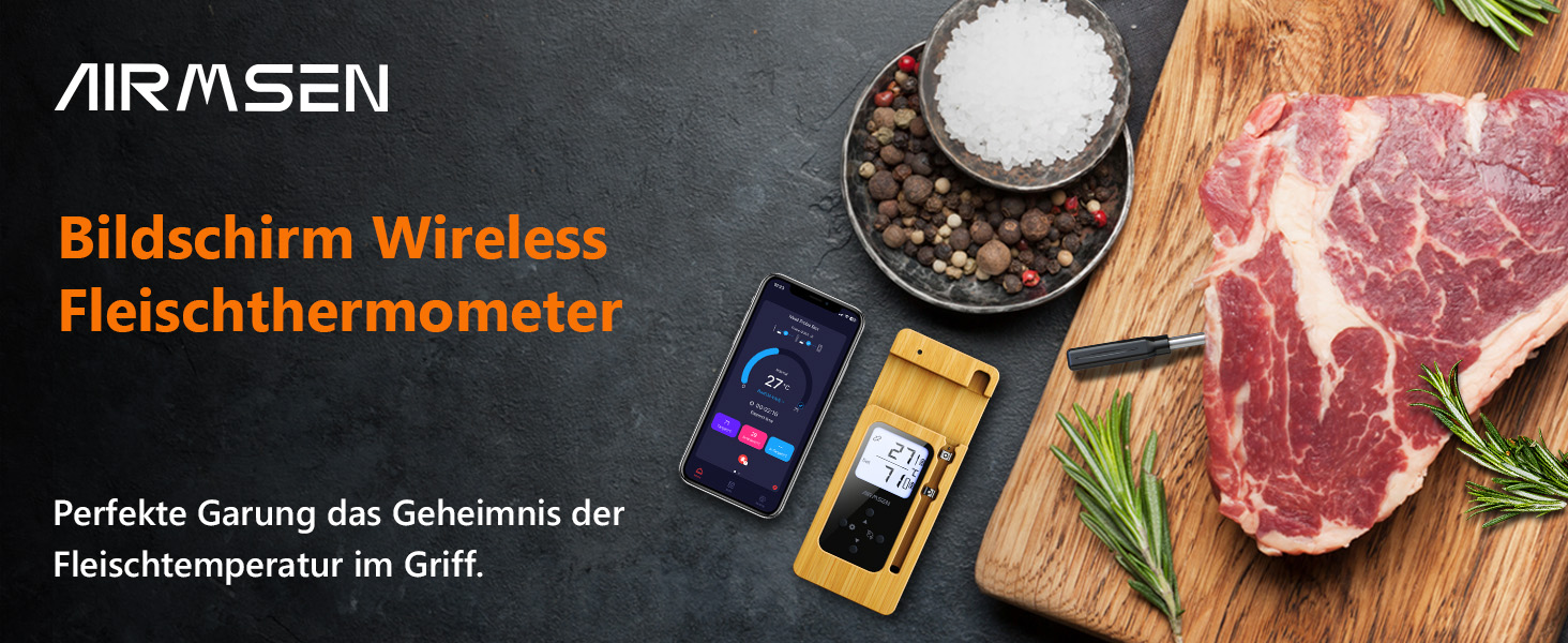 Бездротовий термометр для м'яса AIRMSEN з LCD-дисплеєм, Bluetooth, водонепроникний IPX8, керамічна ручка, додаток для керування, для гриля, духовки та барбекю