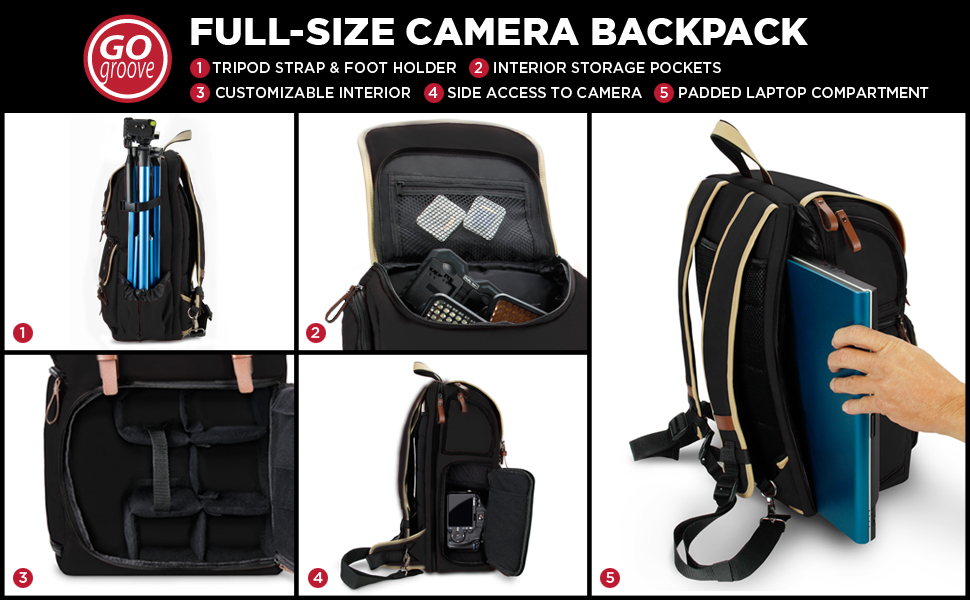 GOgroove Рюкзак для камери: DSLR рюкзак для подорожей, камера, аксесуари, ноутбук, штатив, вологостійкий, чорний