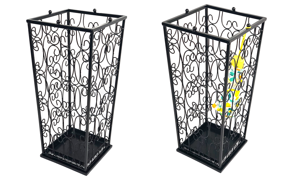 AcornFort Large Black Metal Umbrella Stand with 4 Hooks - Entryway, Office, Hallway Storage - Water Resistant Base (56x25x25cm)