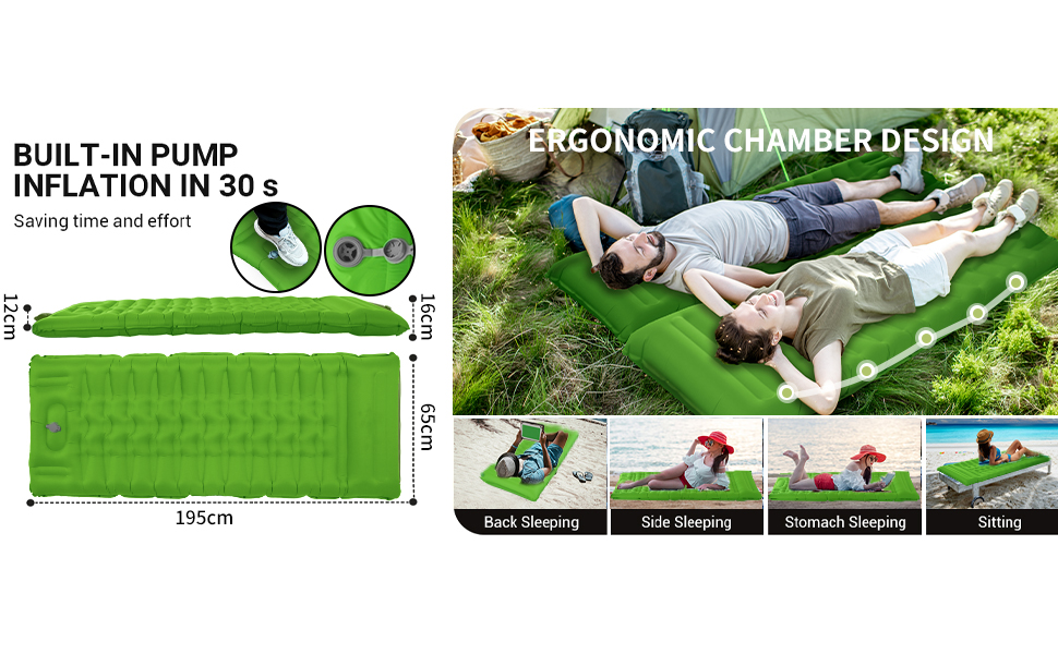 Каремат для кемпінгу самонадувний, 12 см, ультралегкий, з насосом та подушкою. Підходить для туризму, пляжу та відпочинку на природі (зелений)