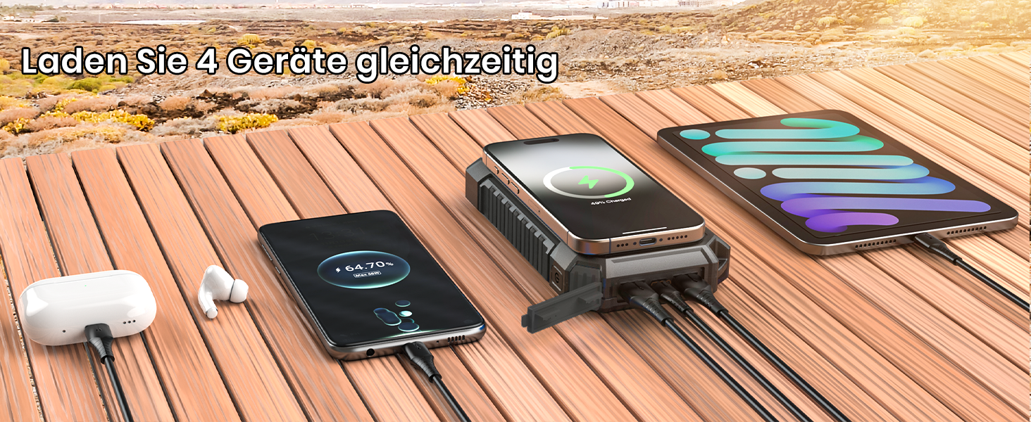 Powerbank Riapow сонячний бездротовий 26800mAh: акумулятор з USB-C, LED-ліхтарик для смартфона, планшета, кемпінгу (чорний)