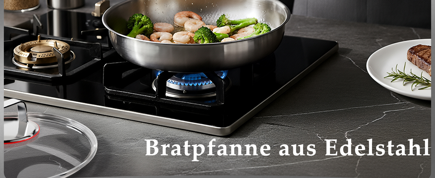 Сковорода з нержавіючої сталі 30 см Titan, з кришкою, для індукційних плит, 18/10, підходить для духовки та посудомийної машини