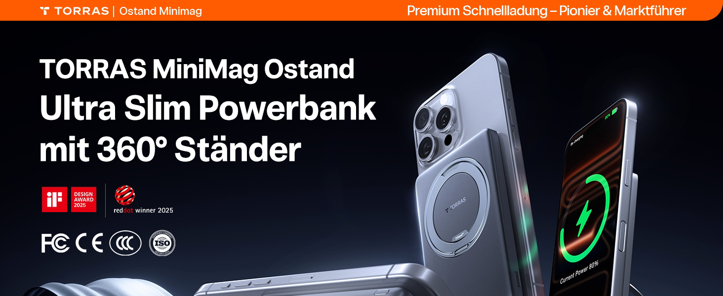 Power Bank TORRAS MiniMag Ultra Slim з MagSafe, 360° підставка, 18W, 5000mAh, магнітне кріплення, сірий титан. Сумісний з iPhone 17 Pro Max/Air/16/15/14/13/12