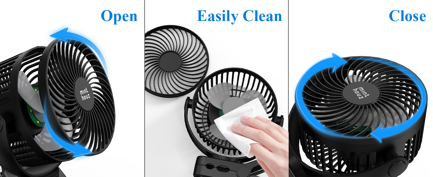 USB вентилятор настільний Minthouz тихий з акумулятором 12000mAh, портативний, з пульт, світло, таймер, 360° обертання, 3 режими, 45 годин роботи – для кемпінгу, офісу, дитячої коляски