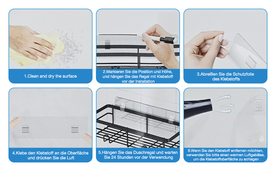 Поличка для душу без свердління, 5 шт. Органайзер для ванної кімнати, кутова поличка для душу з гачками, самоклеюча поличка для ванної та кухні (Чорний)