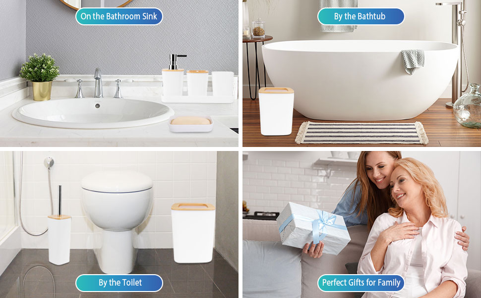 Набір аксесуарів для ванної кімнати з бамбука, 7 предметів: сміттєвий бак, дозатор мила, стакан для ополіскування, мильниця, тримач для зубних щіток, тримач для унітазу, піднос для косметики