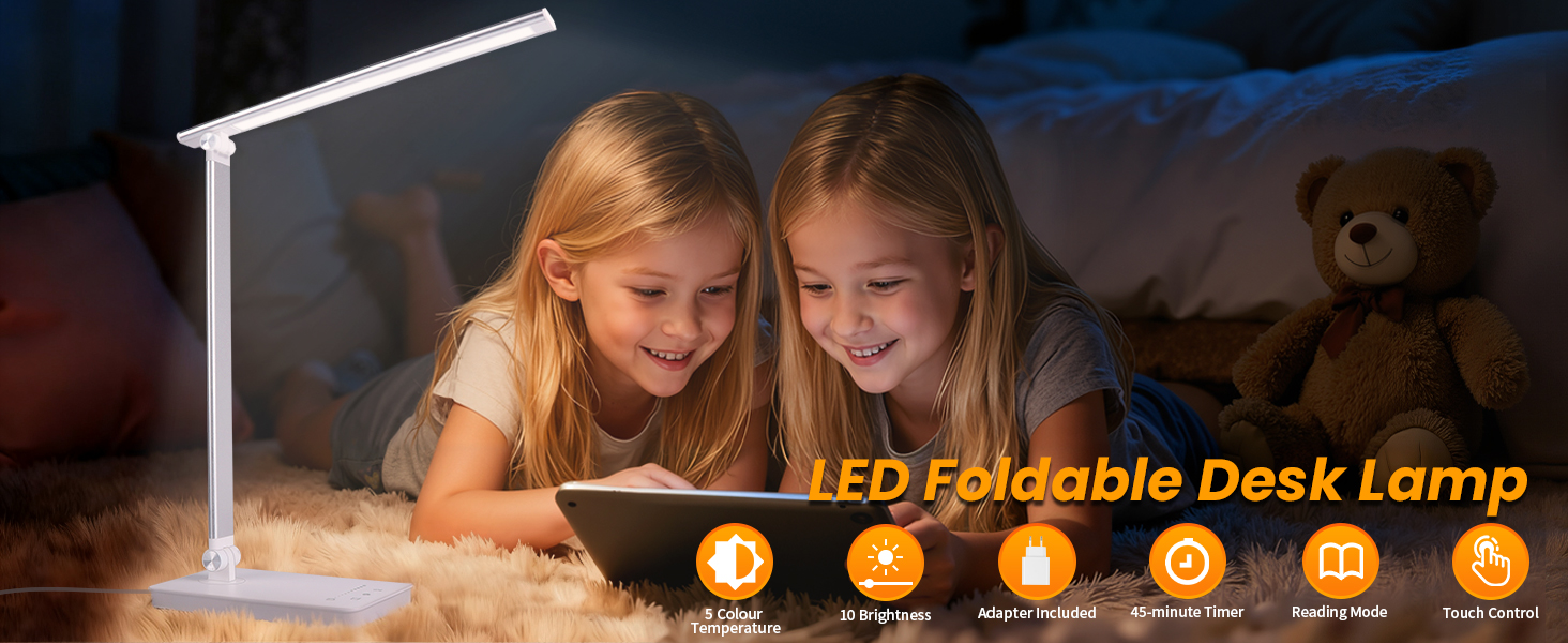 LED лампа для столу Akynite з регулюванням яскравості, USB, 2A адаптер, 5 кольорів, 10 рівнів яскравості, таймер, сенсорне управління, для дітей, білий