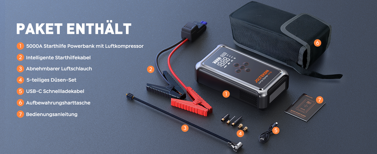 Powerbank Starthilfe 5000A з компресором 150PSI для автомобілів, 12V, бензин/дизель (10.0L), LED, USB-C