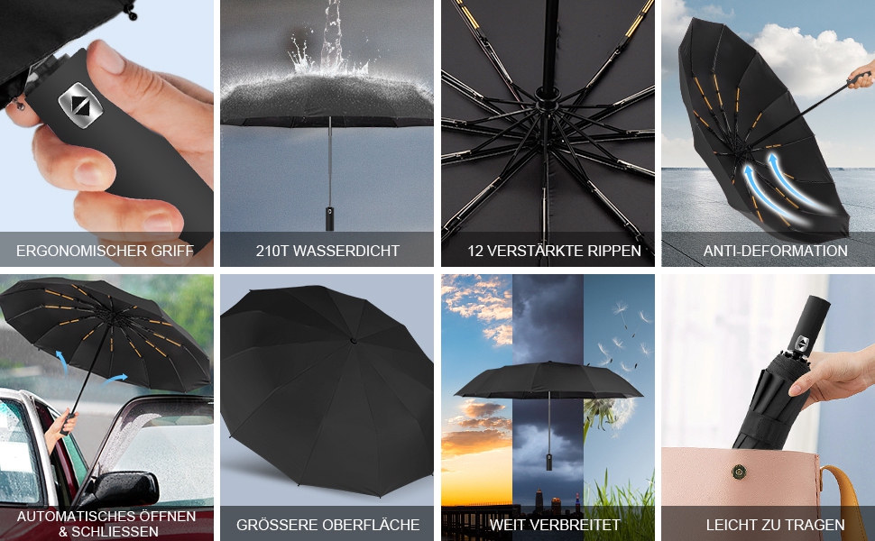 LAMA Гольф-парасолька туристична, чорна, автоматична, 105 см, 12 спиць, стійка до вітру