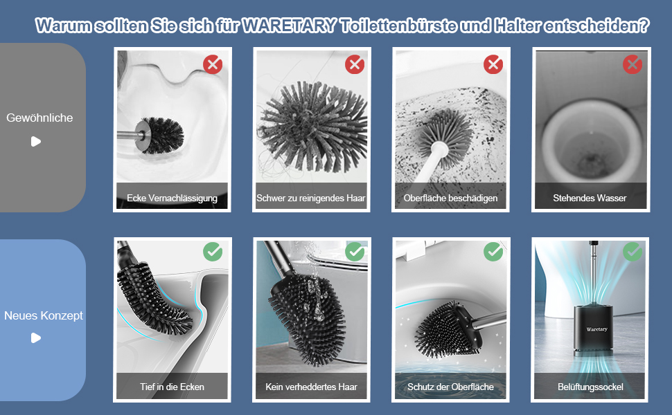 Щітка для унітазу Waretary з силіконовою щетиною та тримачем з нержавіючої сталі, гнучкий наконечник для глибокого очищення, швидковисихаюча, для кріплення на стіні або встановлення на підлогу, чорний