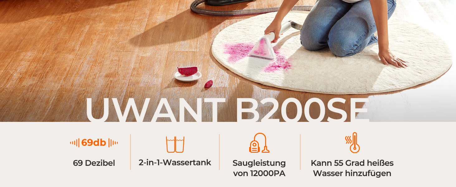 UWANT Пылесос для ковров і м'яких меблів, для диванів, килимів, оббивки, мокрий/сухий, потужність 12000Pa, 70dB (B200 Se)