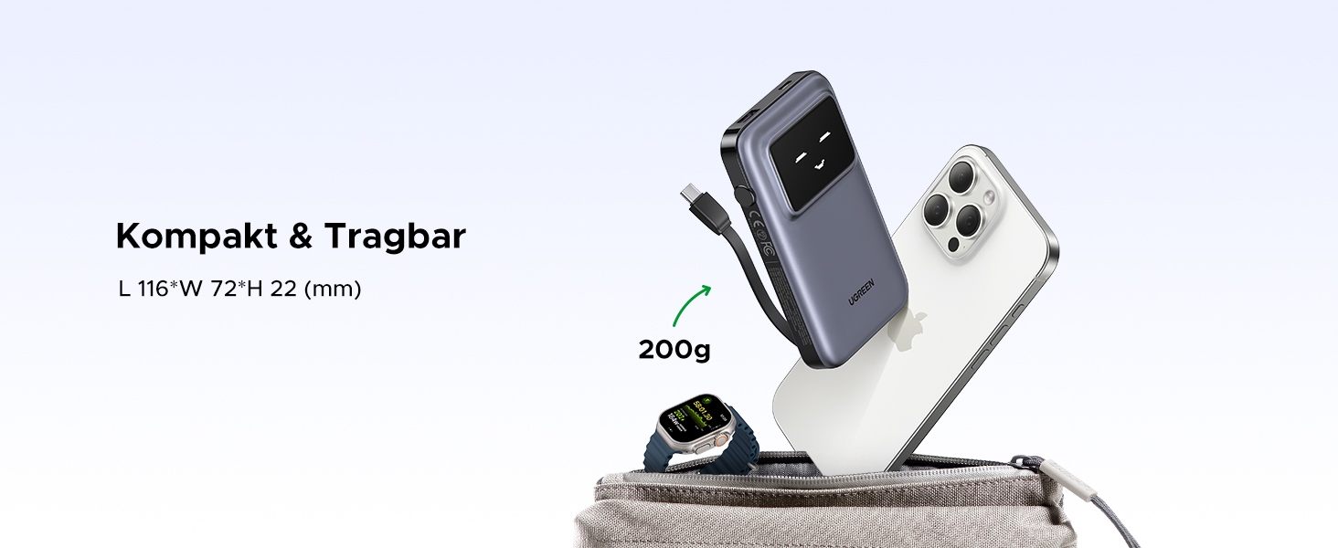 Power Bank UGREEN UNO 10000mAh з USB-C кабелем, 30W, 1 USB-C та 1 USB-A. Сумісний з iPhone 12-16, Galaxy S24 Ultra