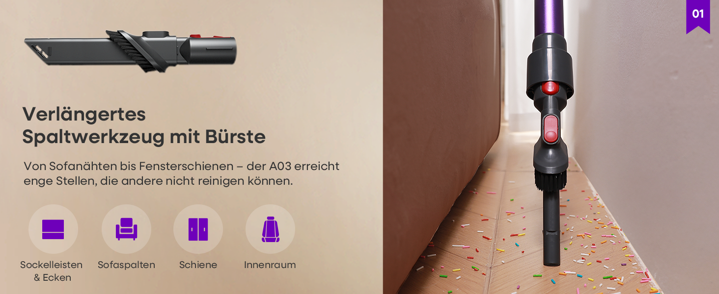 Бездротовий акумуляторний пилосос AlloyMove A03 Lila: потужність 450W, 45000Pa, LED, 60 хвилин роботи, для тварин, килимів, твердих поверхонь