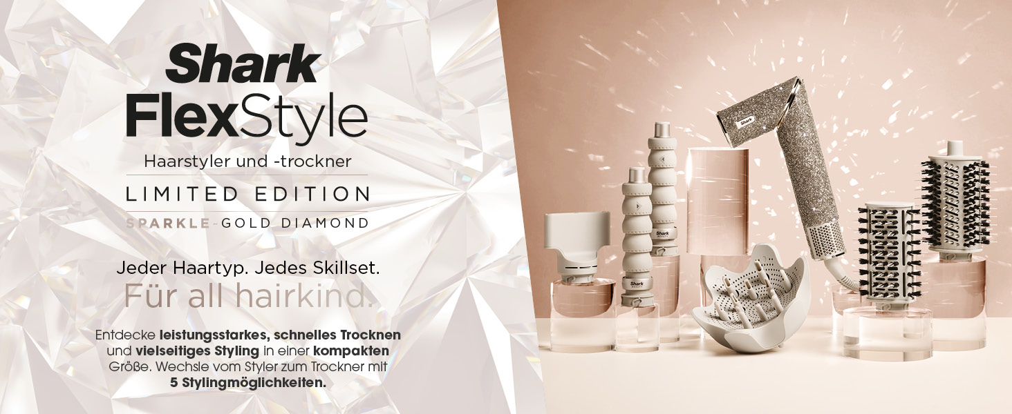 Фен-щітка Shark FlexStyle Sparkle Limited Edition Gold Diamond 5-в-1 з набором насадок (локон, щітка-гребінець, овальна, концентр., дифузор), HD446JSEU